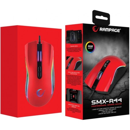 Rampage SMX-R44 macro RGB gaming muis - 6400 DPI - Rood