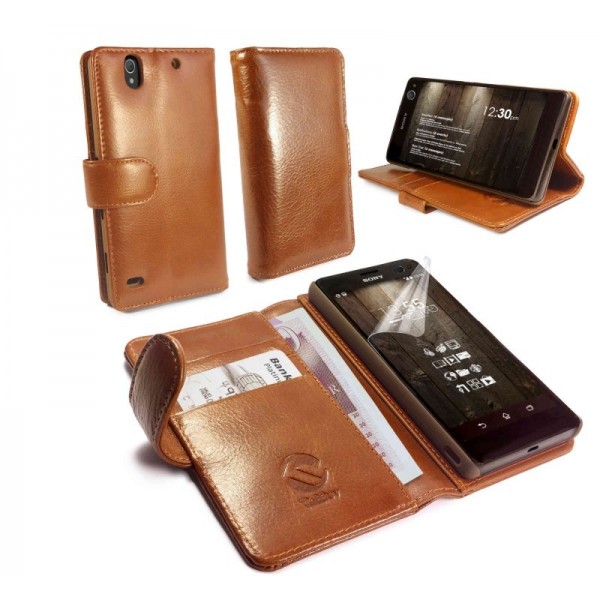 Tuff-Luv - Vintage Lederen Portemonnee hoes met screenprotector voor Sony Xperia C4 - Bruin Tuff-Luv - Vintage Lederen Portemonnee hoes met screenprotector voor Sony Xperia C4 - Bruin
