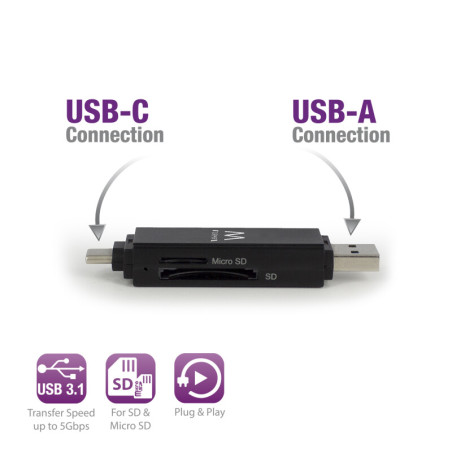 Ewent EW1075 geheugenkaartlezer USB 3.2 Gen 1 (3.1 Gen 1) Type-A/Type-C Zwart