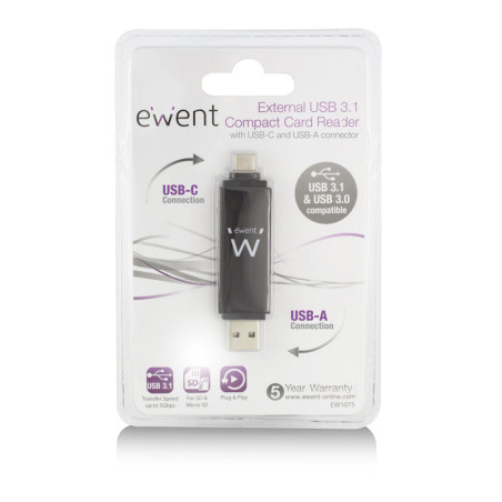 Ewent EW1075 geheugenkaartlezer USB 3.2 Gen 1 (3.1 Gen 1) Type-A/Type-C Zwart